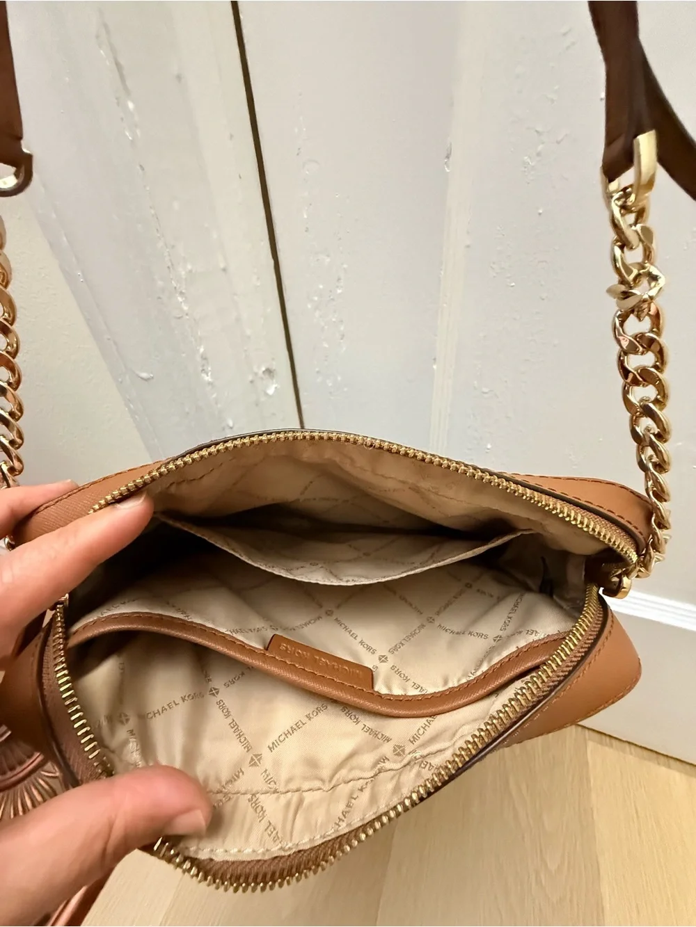 Michael Kors Dark Brown Logo Crossbody with Gold Chain Strap